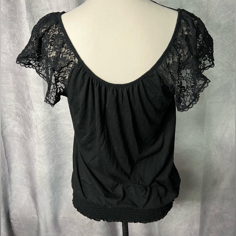 Xhiliaration Black Lace Illusion Women's Flutter Sleeve Top - Small - Picture 6 of 12